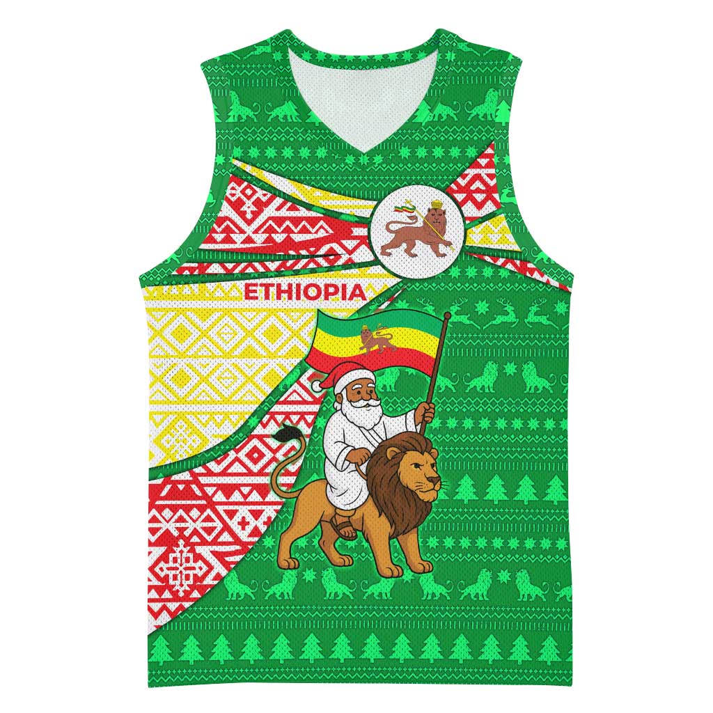 Ethiopia Christmas Basketball Jersey with Santa Riding Lion Ethiopian Flag Colors and Tribal Pattern Design - Wonder Print Shop