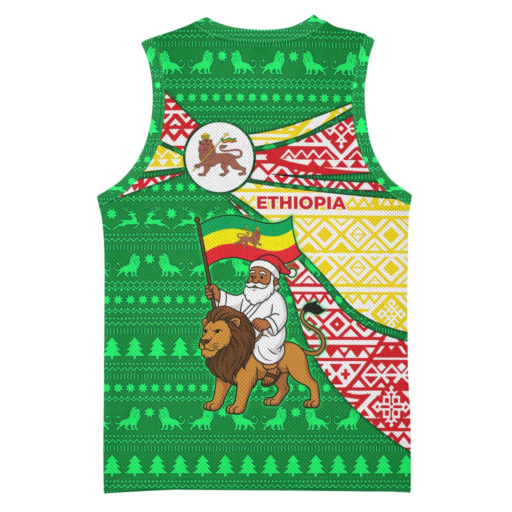 Ethiopia Christmas Basketball Jersey with Santa Riding Lion Ethiopian Flag Colors and Tribal Pattern Design - Wonder Print Shop