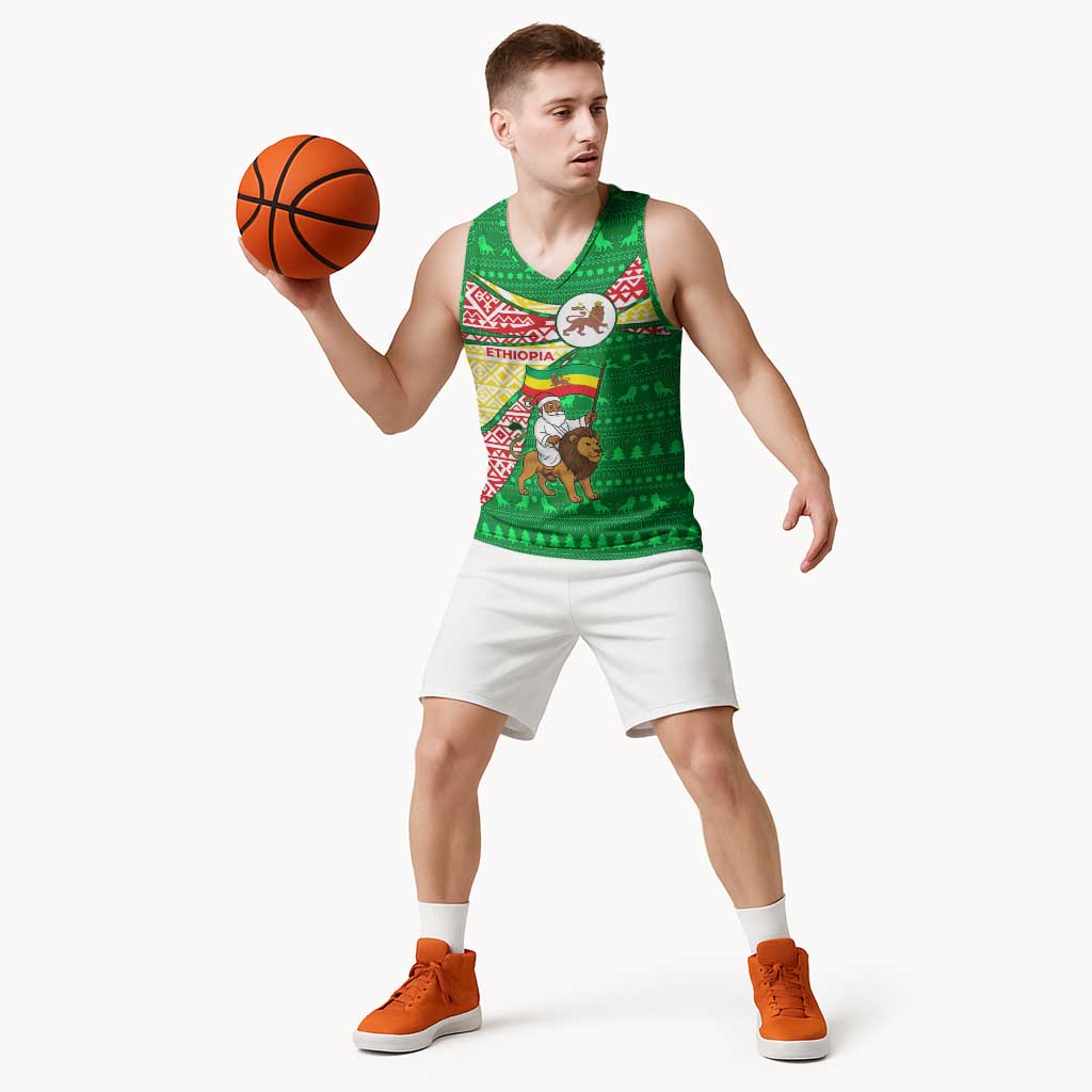 Ethiopia Christmas Basketball Jersey with Santa Riding Lion Ethiopian Flag Colors and Tribal Pattern Design - Wonder Print Shop