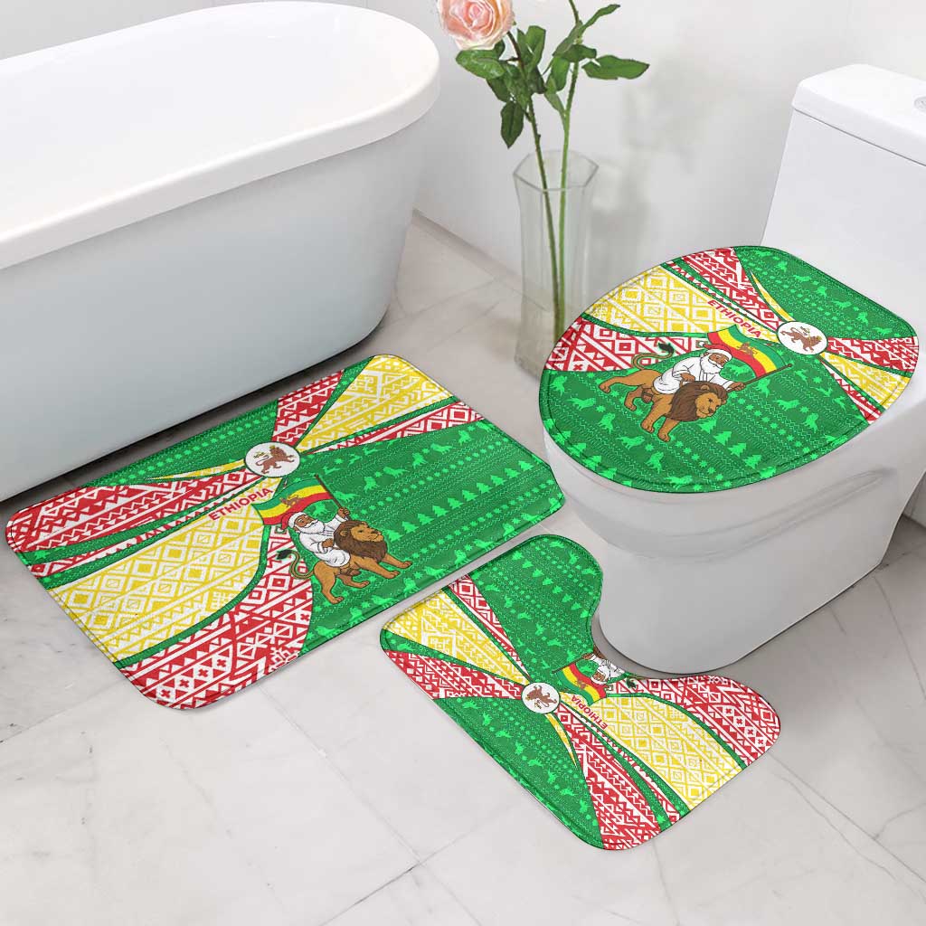 Ethiopia Christmas Bathroom Set with Santa Riding Lion Ethiopian Flag Colors and Tribal Pattern Design - Wonder Print Shop