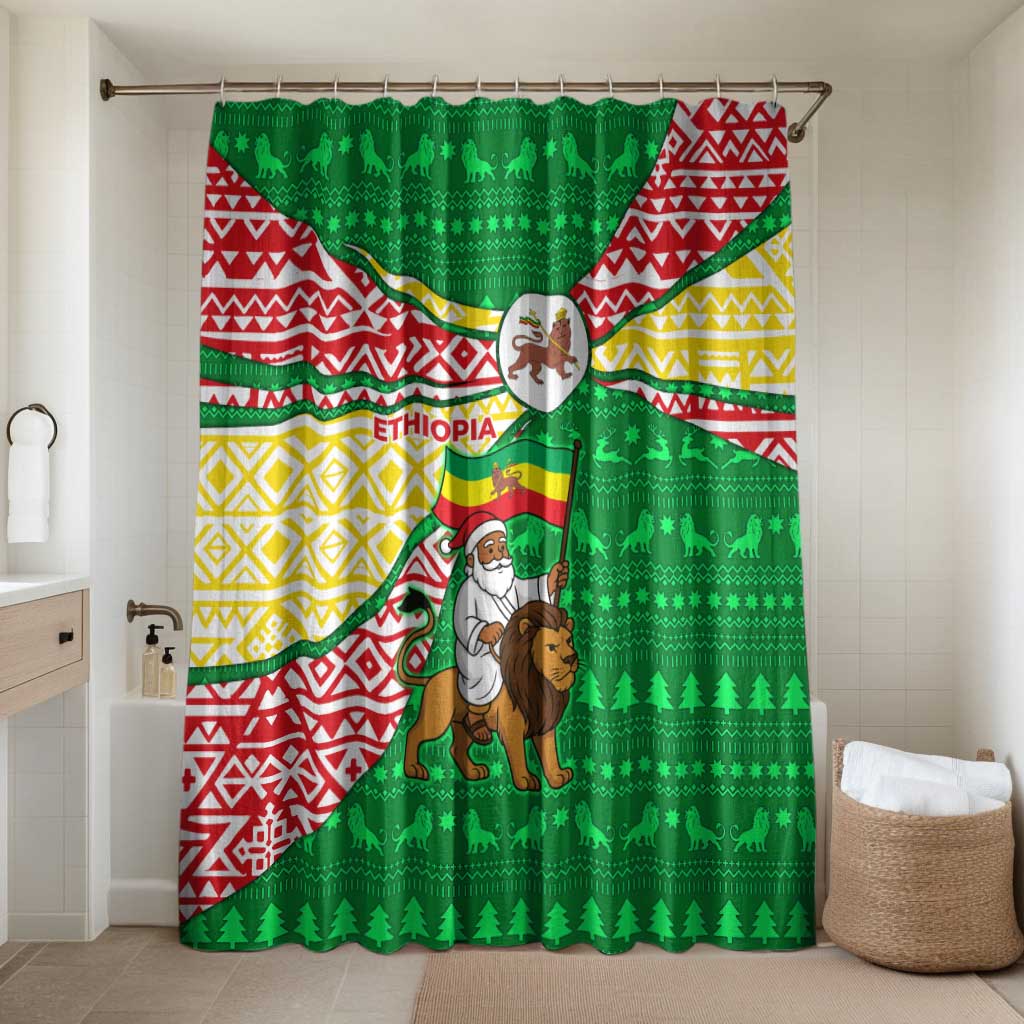 Ethiopia Christmas Bathroom Set with Santa Riding Lion Ethiopian Flag Colors and Tribal Pattern Design - Wonder Print Shop