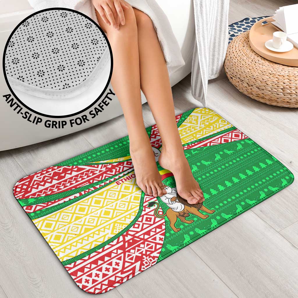Ethiopia Christmas Bathroom Set with Santa Riding Lion Ethiopian Flag Colors and Tribal Pattern Design - Wonder Print Shop