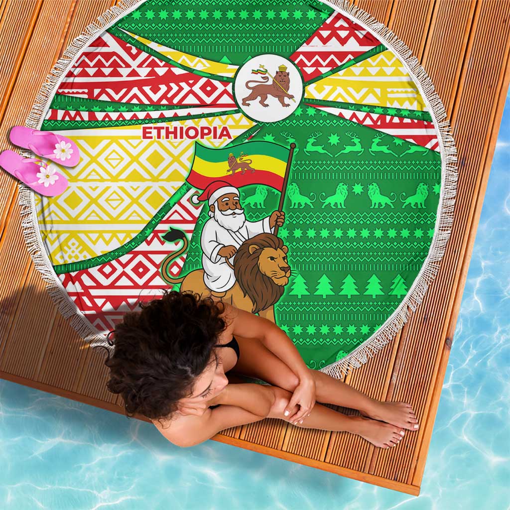 Ethiopia Christmas Beach Blanket with Santa Riding Lion Ethiopian Flag Colors and Tribal Pattern Design - Wonder Print Shop