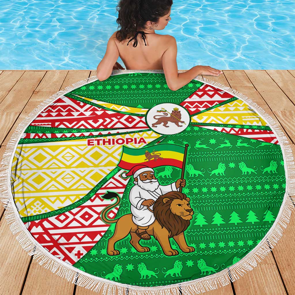 Ethiopia Christmas Beach Blanket with Santa Riding Lion Ethiopian Flag Colors and Tribal Pattern Design - Wonder Print Shop