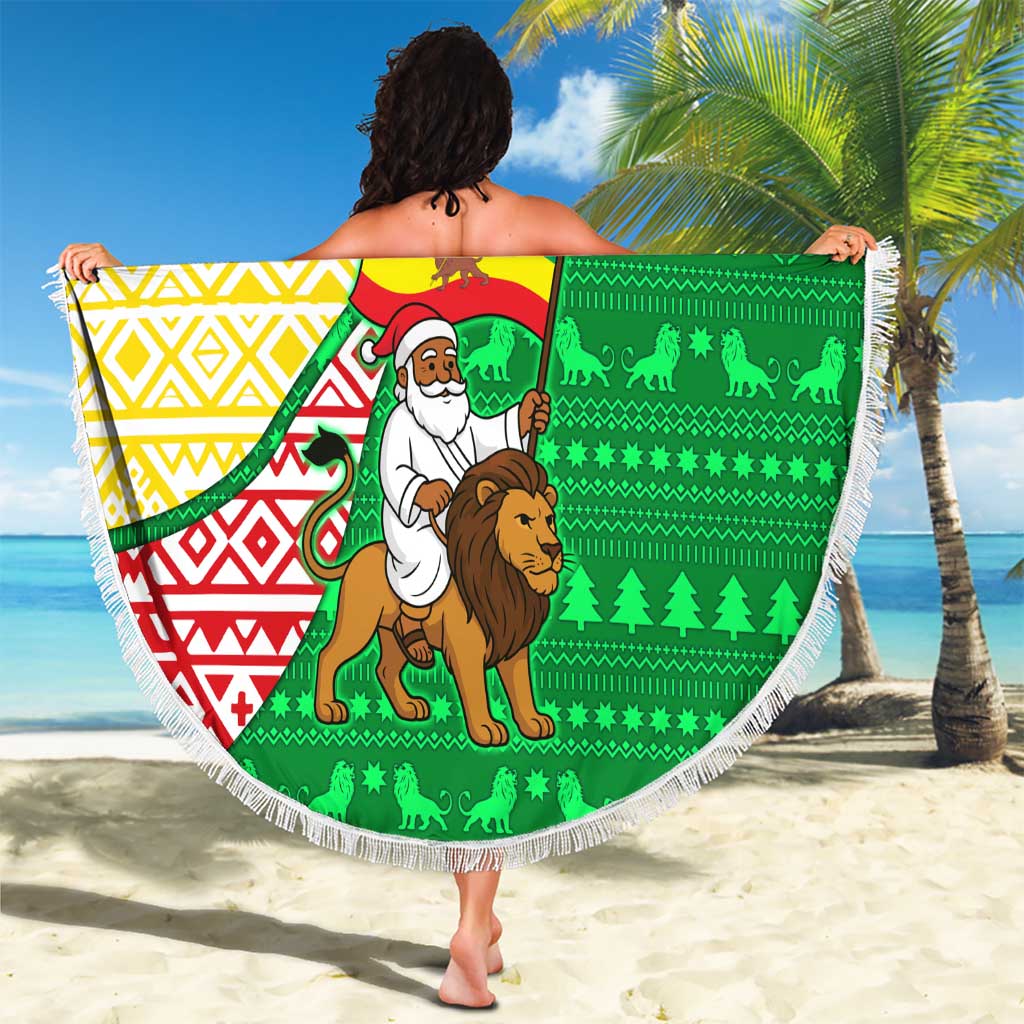 Ethiopia Christmas Beach Blanket with Santa Riding Lion Ethiopian Flag Colors and Tribal Pattern Design - Wonder Print Shop