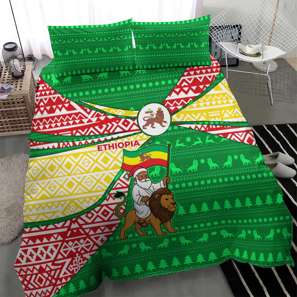 Ethiopia Christmas Bedding Set with Santa Riding Lion Ethiopian Flag Colors and Tribal Pattern Design - Wonder Print Shop
