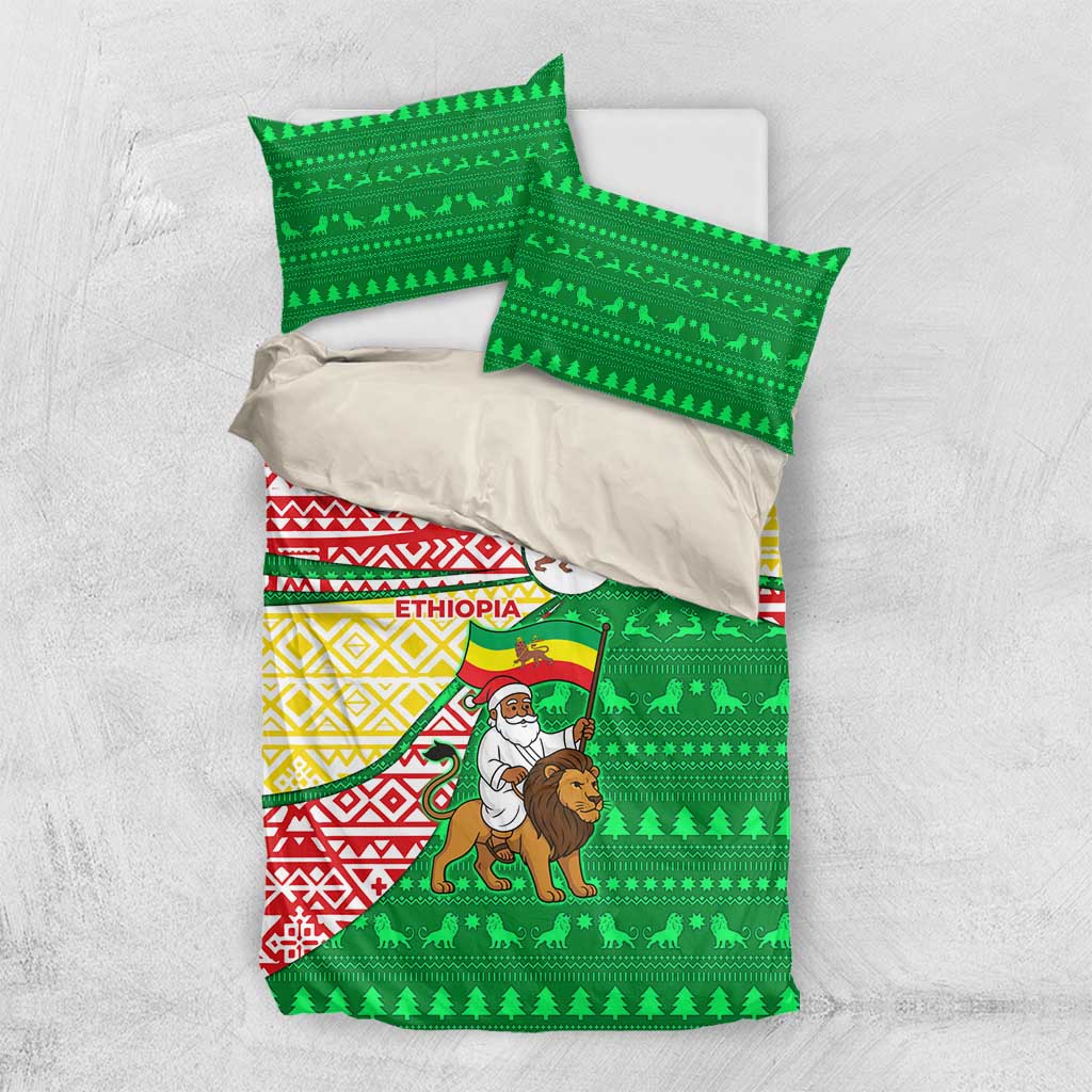 Ethiopia Christmas Bedding Set with Santa Riding Lion Ethiopian Flag Colors and Tribal Pattern Design - Wonder Print Shop