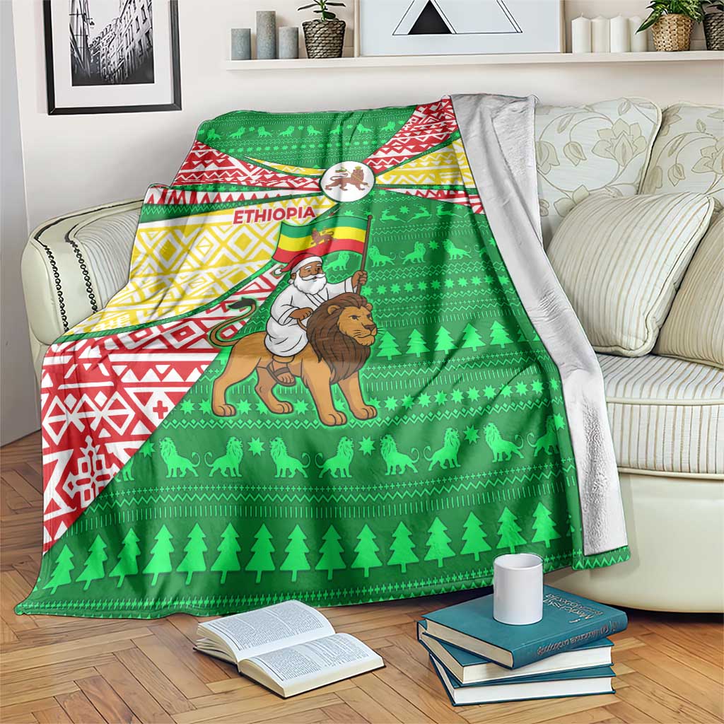 Ethiopia Christmas Blanket with Santa Riding Lion Ethiopian Flag Colors and Tribal Pattern Design - Wonder Print Shop