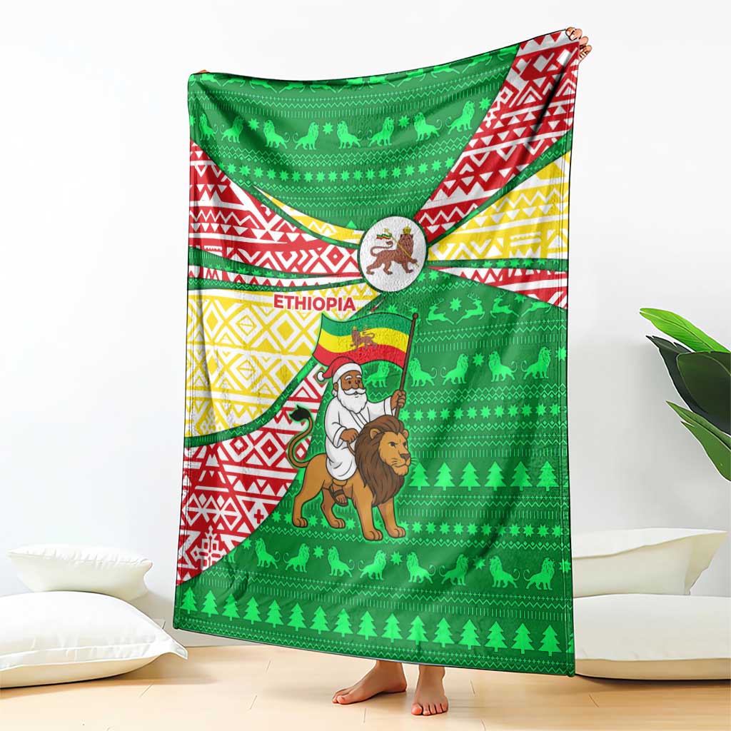 Ethiopia Christmas Blanket with Santa Riding Lion Ethiopian Flag Colors and Tribal Pattern Design - Wonder Print Shop