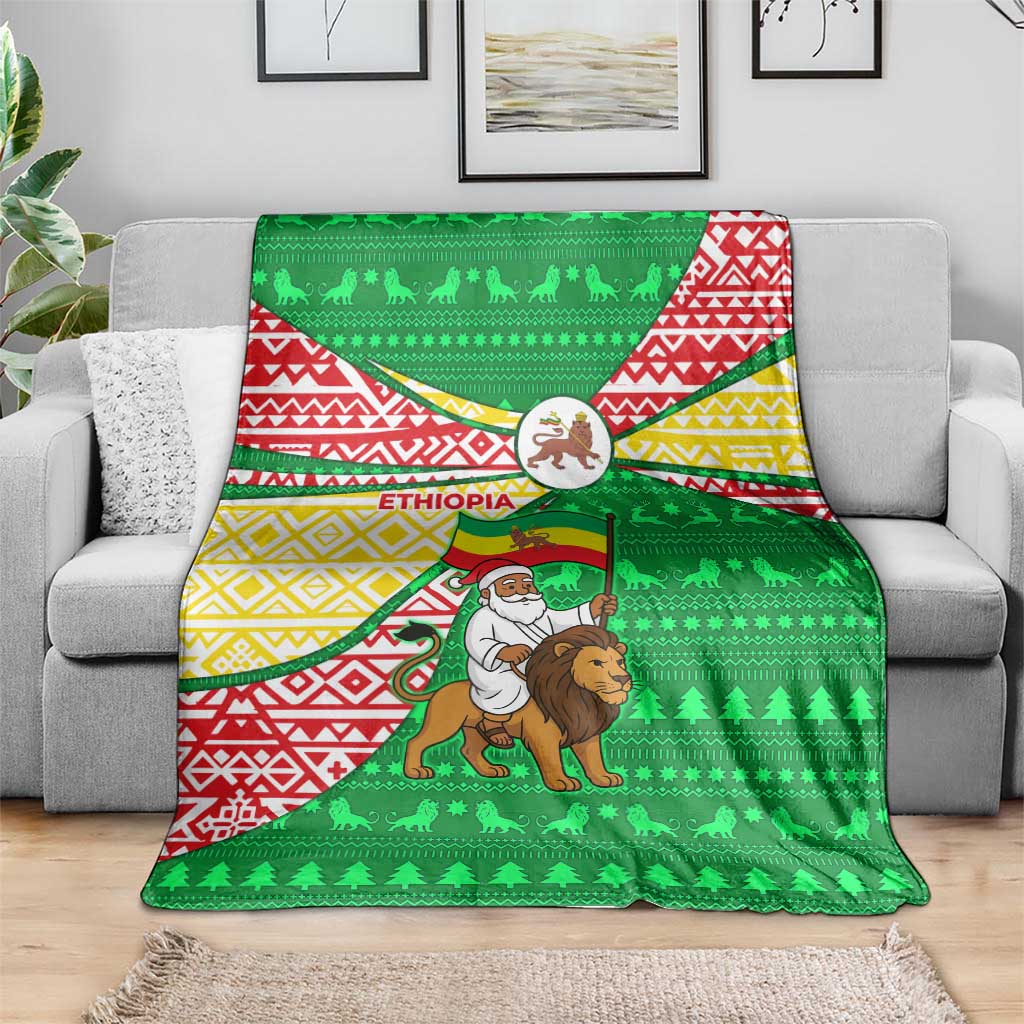 Ethiopia Christmas Blanket with Santa Riding Lion Ethiopian Flag Colors and Tribal Pattern Design - Wonder Print Shop