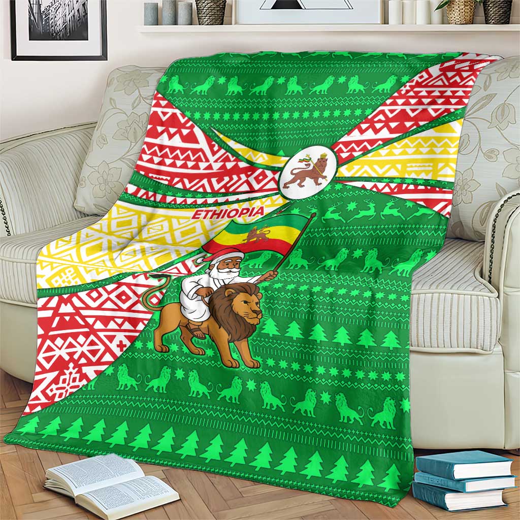 Ethiopia Christmas Blanket with Santa Riding Lion Ethiopian Flag Colors and Tribal Pattern Design - Wonder Print Shop