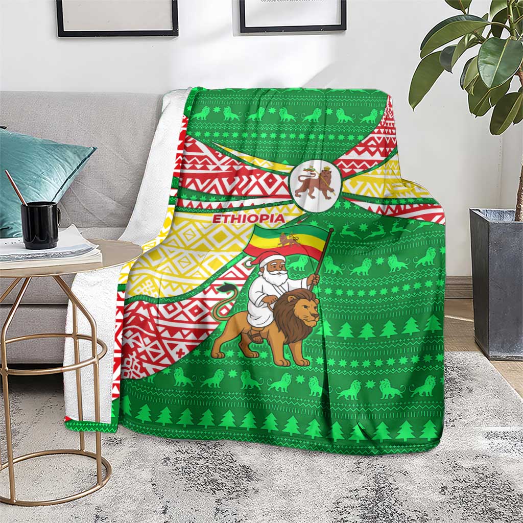Ethiopia Christmas Blanket with Santa Riding Lion Ethiopian Flag Colors and Tribal Pattern Design - Wonder Print Shop