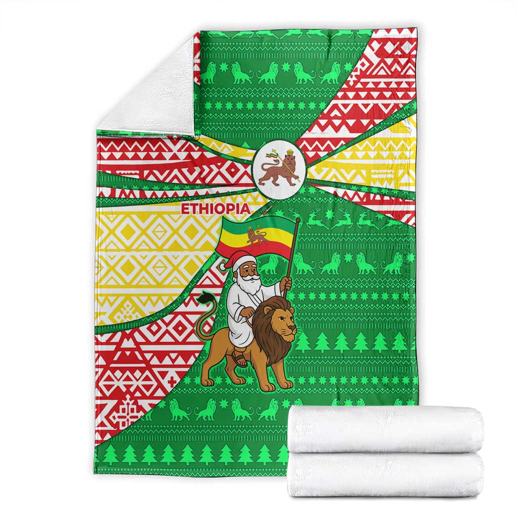Ethiopia Christmas Blanket with Santa Riding Lion Ethiopian Flag Colors and Tribal Pattern Design - Wonder Print Shop