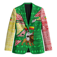 Ethiopia Christmas Blazer with Santa Riding Lion Ethiopian Flag Colors and Tribal Pattern Design - Wonder Print Shop