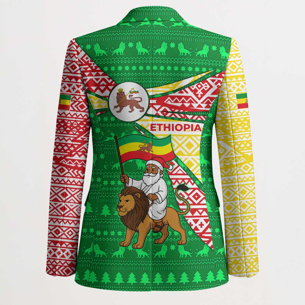 Ethiopia Christmas Blazer with Santa Riding Lion Ethiopian Flag Colors and Tribal Pattern Design - Wonder Print Shop