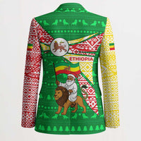 Ethiopia Christmas Blazer with Santa Riding Lion Ethiopian Flag Colors and Tribal Pattern Design - Wonder Print Shop