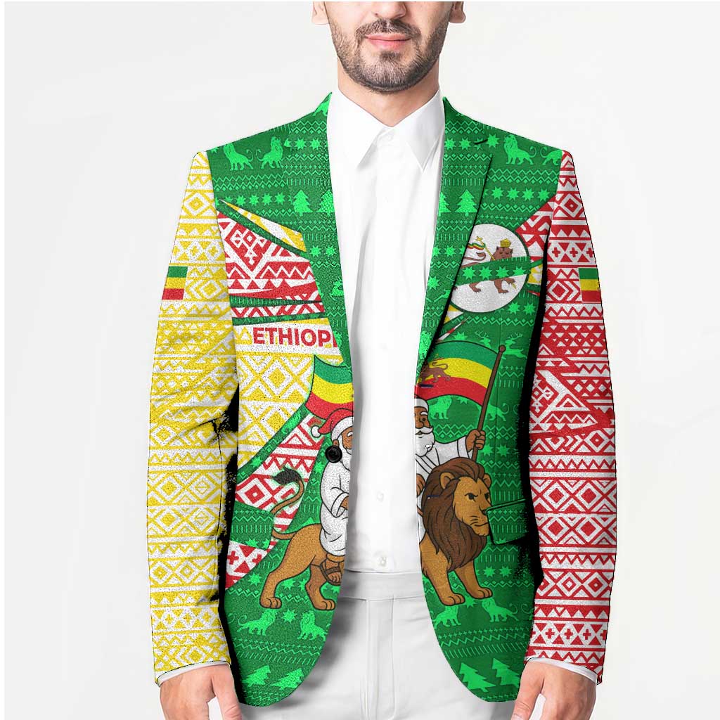 Ethiopia Christmas Blazer with Santa Riding Lion Ethiopian Flag Colors and Tribal Pattern Design - Wonder Print Shop