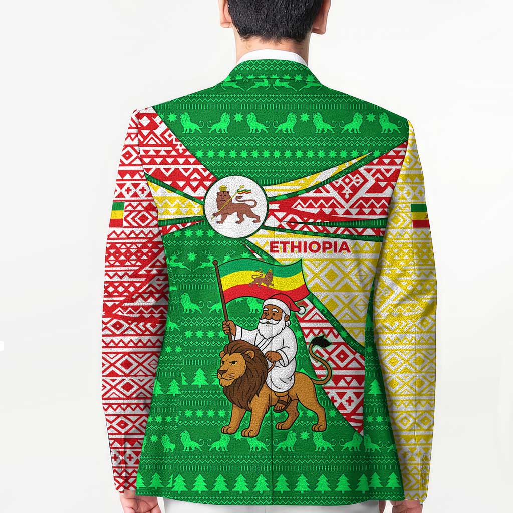 Ethiopia Christmas Blazer with Santa Riding Lion Ethiopian Flag Colors and Tribal Pattern Design - Wonder Print Shop