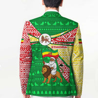 Ethiopia Christmas Blazer with Santa Riding Lion Ethiopian Flag Colors and Tribal Pattern Design - Wonder Print Shop