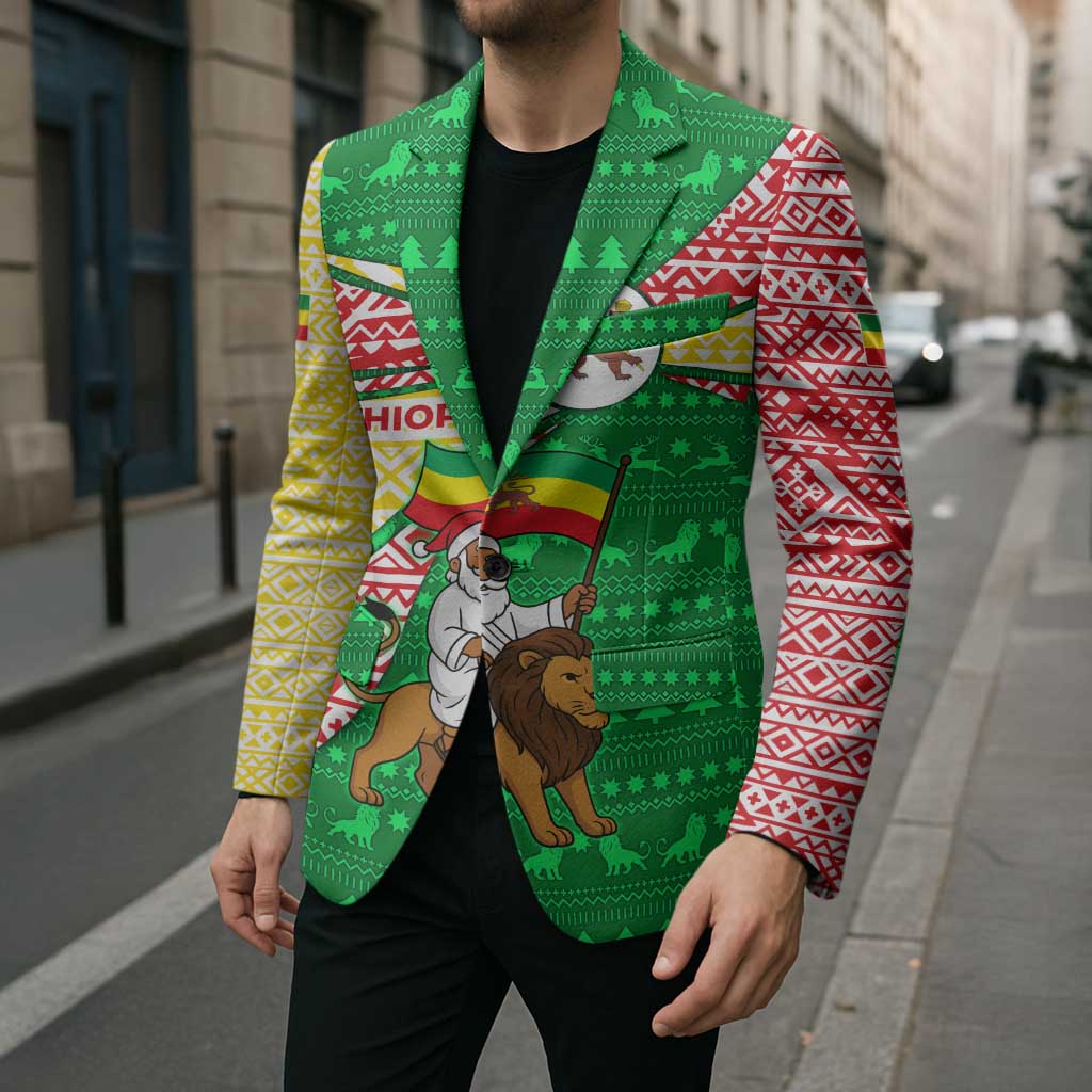 Ethiopia Christmas Blazer with Santa Riding Lion Ethiopian Flag Colors and Tribal Pattern Design - Wonder Print Shop