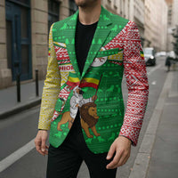 Ethiopia Christmas Blazer with Santa Riding Lion Ethiopian Flag Colors and Tribal Pattern Design - Wonder Print Shop