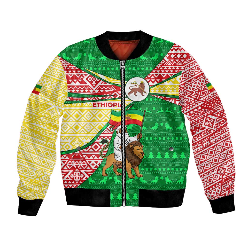 Ethiopia Christmas Bomber Jacket with Santa Riding Lion Ethiopian Flag Colors and Tribal Pattern Design - Wonder Print Shop
