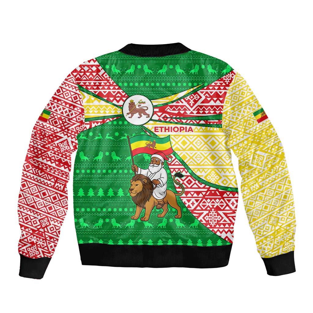 Ethiopia Christmas Bomber Jacket with Santa Riding Lion Ethiopian Flag Colors and Tribal Pattern Design - Wonder Print Shop