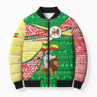 Ethiopia Christmas Bomber Puffer Jacket with Santa Riding Lion Ethiopian Flag Colors and Tribal Pattern Design - Wonder Print Shop