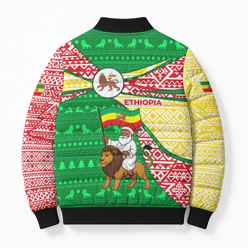 Ethiopia Christmas Bomber Puffer Jacket with Santa Riding Lion Ethiopian Flag Colors and Tribal Pattern Design - Wonder Print Shop