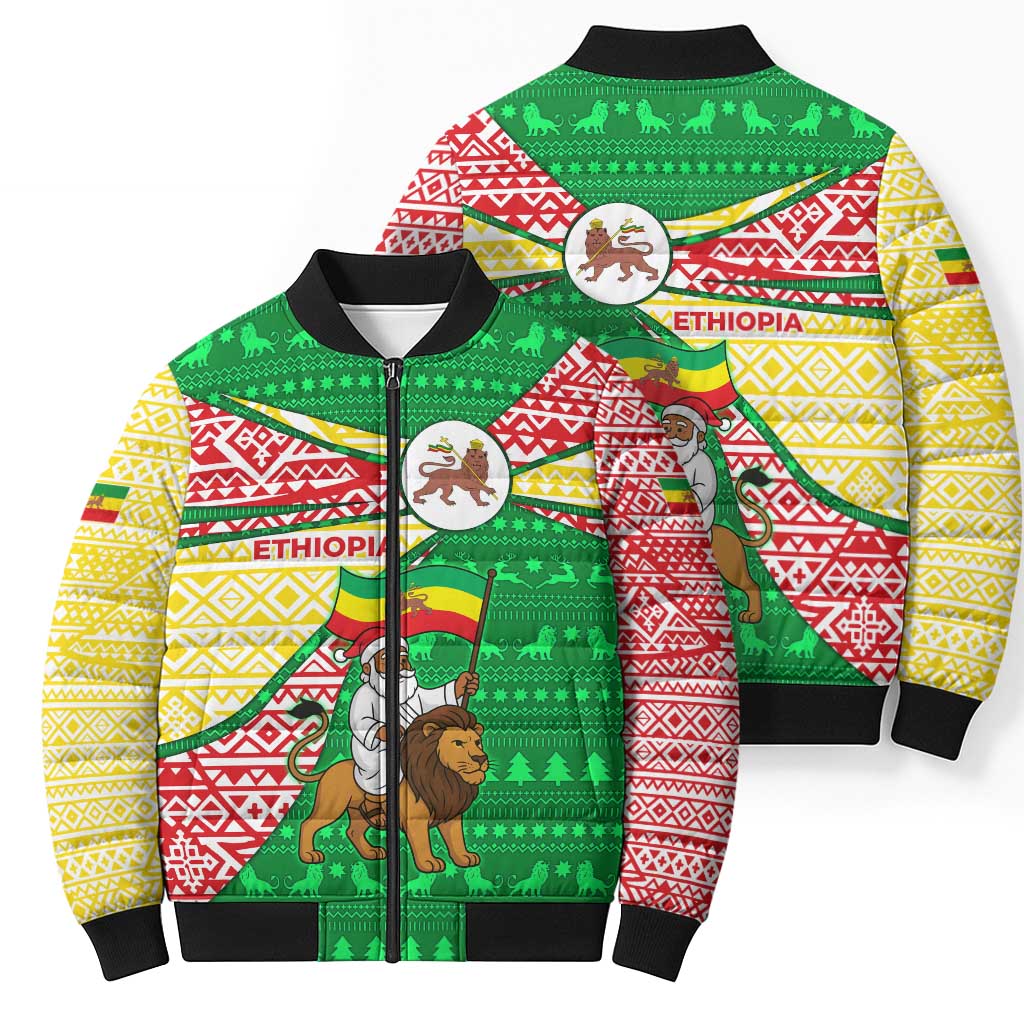Ethiopia Christmas Bomber Puffer Jacket with Santa Riding Lion Ethiopian Flag Colors and Tribal Pattern Design - Wonder Print Shop
