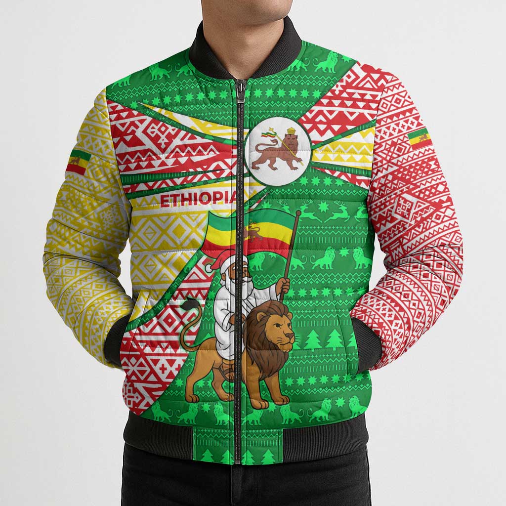 Ethiopia Christmas Bomber Puffer Jacket with Santa Riding Lion Ethiopian Flag Colors and Tribal Pattern Design - Wonder Print Shop