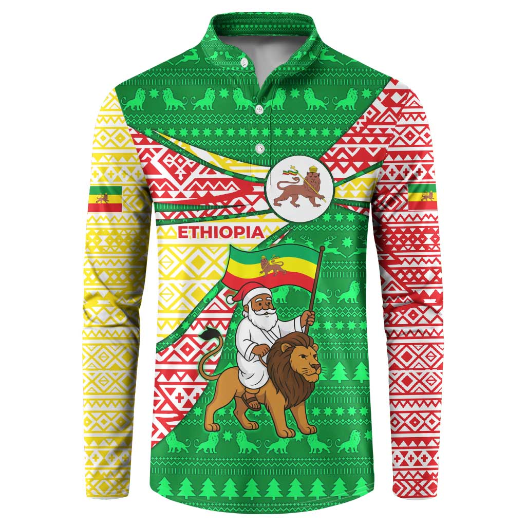 Ethiopia Christmas Button Sweatshirt with Santa Riding Lion Ethiopian Flag Colors and Tribal Pattern Design - Wonder Print Shop