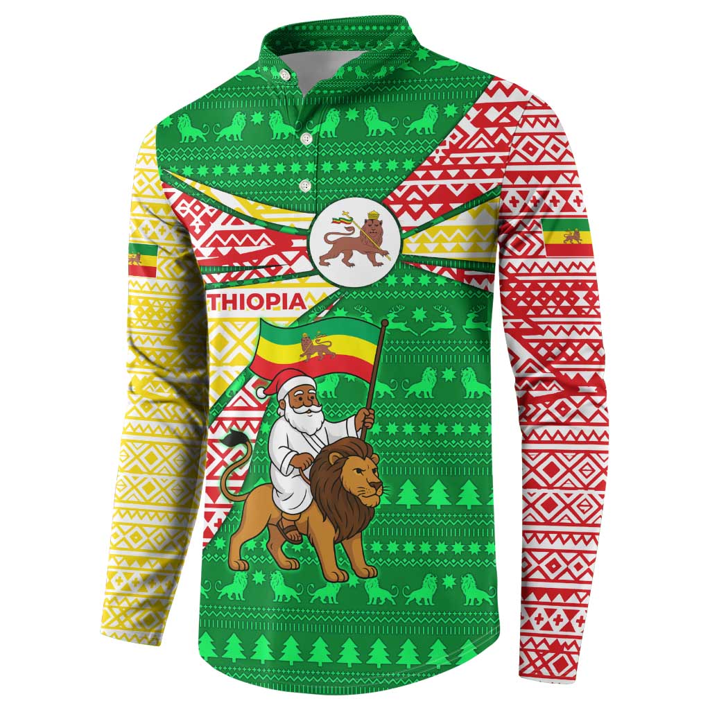 Ethiopia Christmas Button Sweatshirt with Santa Riding Lion Ethiopian Flag Colors and Tribal Pattern Design - Wonder Print Shop