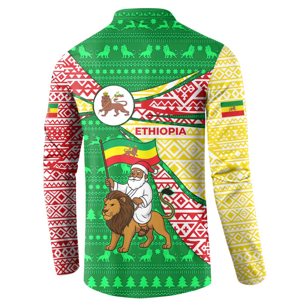 Ethiopia Christmas Button Sweatshirt with Santa Riding Lion Ethiopian Flag Colors and Tribal Pattern Design - Wonder Print Shop