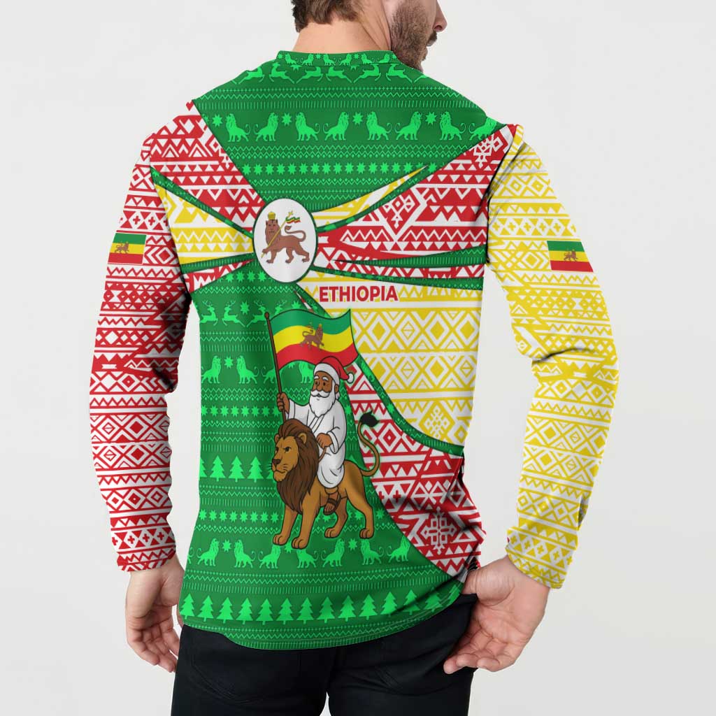Ethiopia Christmas Button Sweatshirt with Santa Riding Lion Ethiopian Flag Colors and Tribal Pattern Design - Wonder Print Shop