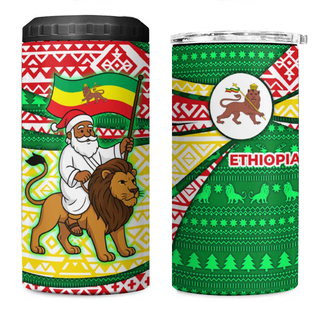 Ethiopia Christmas 4 in 1 Can Cooler Tumbler with Santa Riding Lion Ethiopian Flag Colors and Tribal Pattern Design - Wonder Print Shop