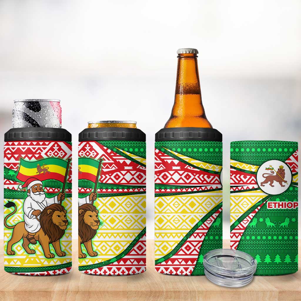 Ethiopia Christmas 4 in 1 Can Cooler Tumbler with Santa Riding Lion Ethiopian Flag Colors and Tribal Pattern Design - Wonder Print Shop