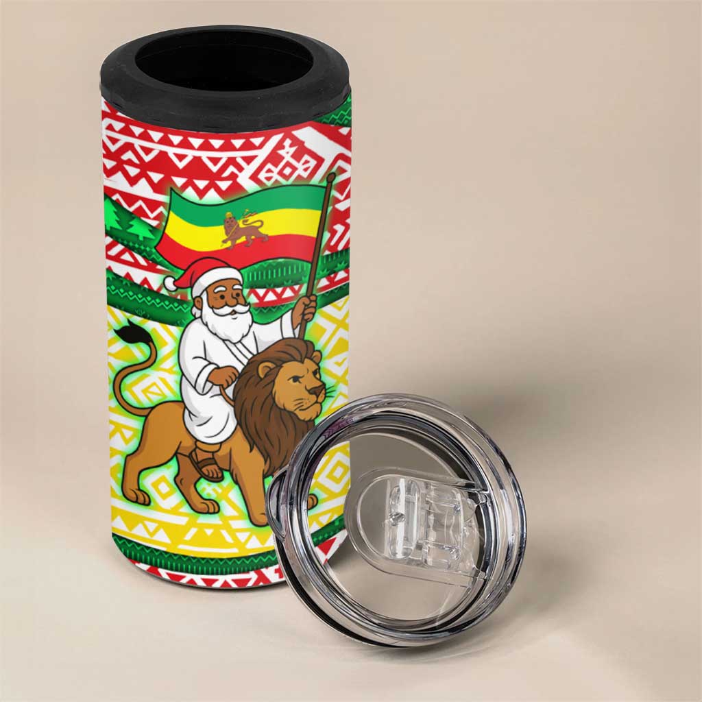 Ethiopia Christmas 4 in 1 Can Cooler Tumbler with Santa Riding Lion Ethiopian Flag Colors and Tribal Pattern Design - Wonder Print Shop