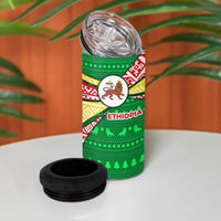 Ethiopia Christmas 4 in 1 Can Cooler Tumbler with Santa Riding Lion Ethiopian Flag Colors and Tribal Pattern Design - Wonder Print Shop