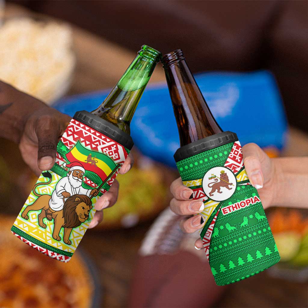 Ethiopia Christmas 4 in 1 Can Cooler Tumbler with Santa Riding Lion Ethiopian Flag Colors and Tribal Pattern Design - Wonder Print Shop