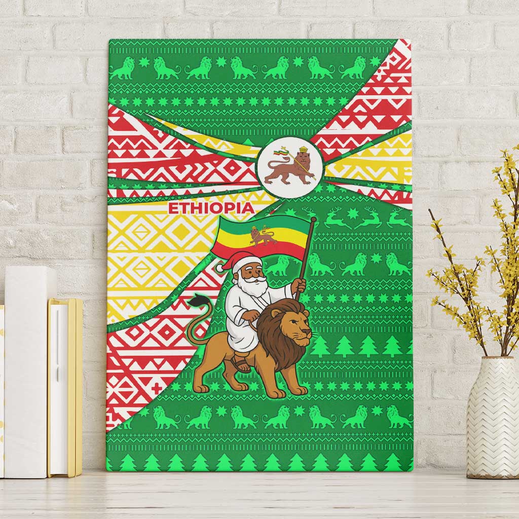 Ethiopia Christmas Canvas Wall Art with Santa Riding Lion Ethiopian Flag Colors and Tribal Pattern Design - Wonder Print Shop