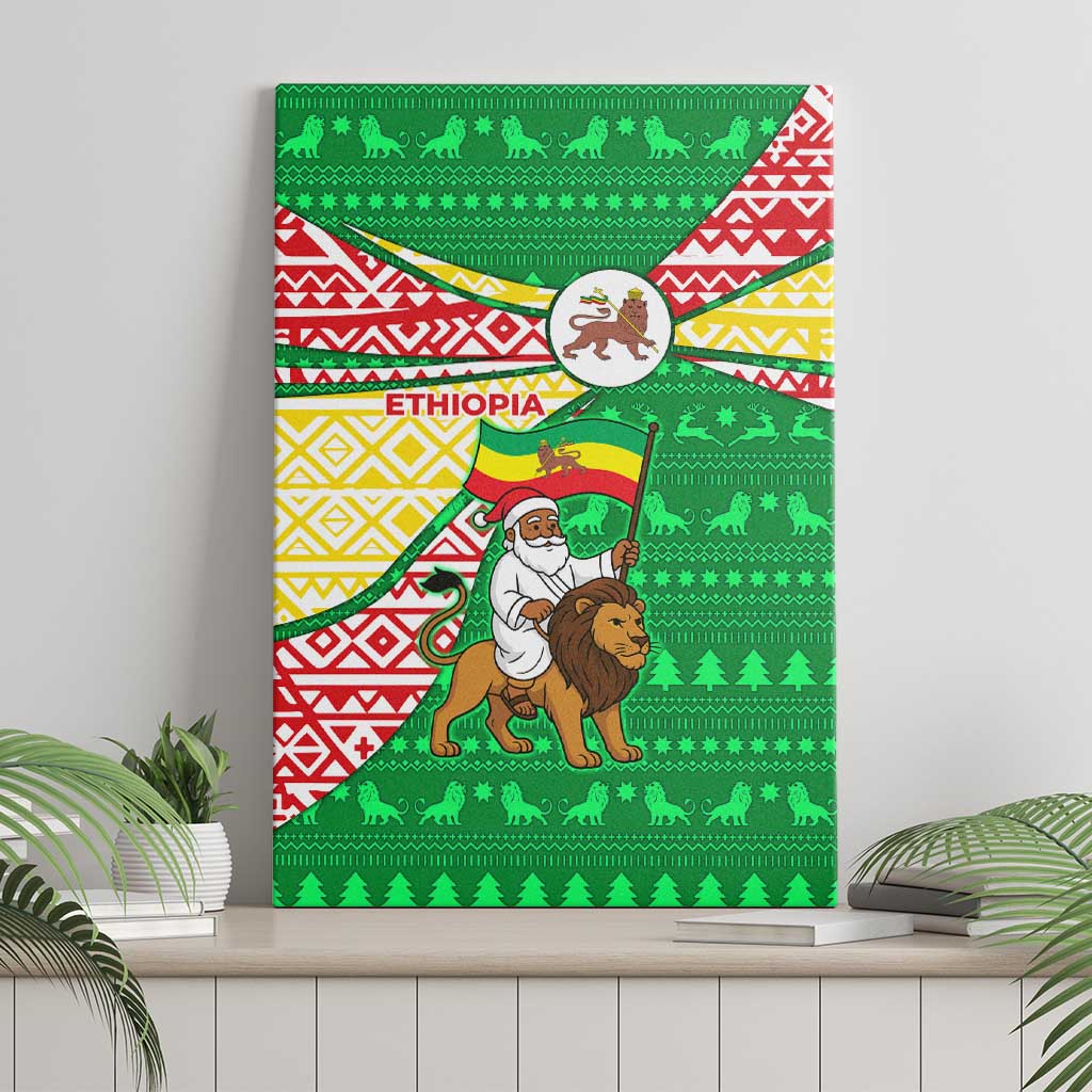 Ethiopia Christmas Canvas Wall Art with Santa Riding Lion Ethiopian Flag Colors and Tribal Pattern Design - Wonder Print Shop
