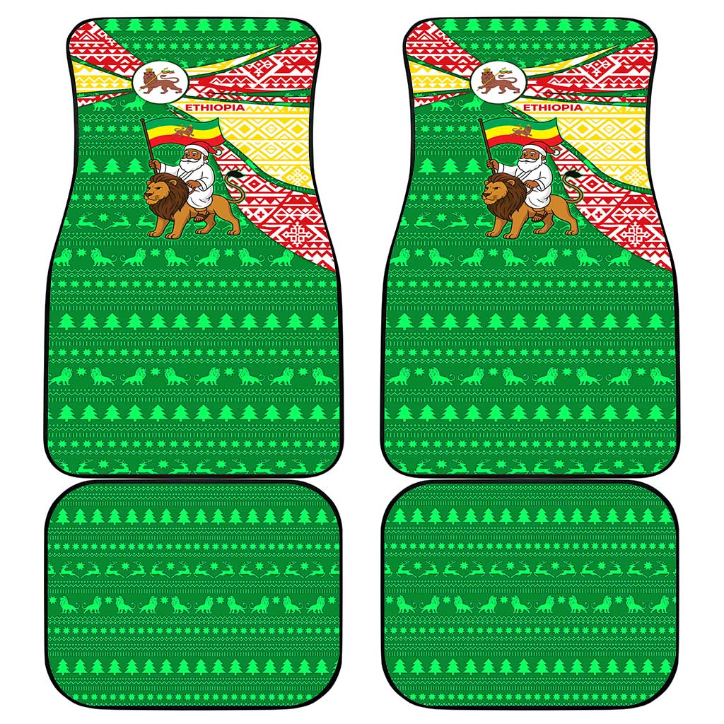 Ethiopia Christmas Car Mats with Santa Riding Lion Ethiopian Flag Colors and Tribal Pattern Design - Wonder Print Shop