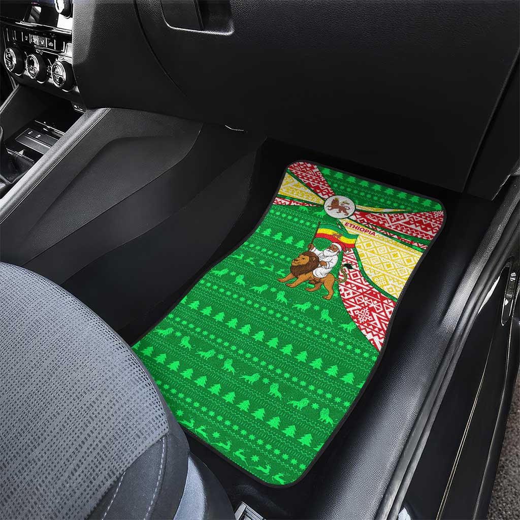 Ethiopia Christmas Car Mats with Santa Riding Lion Ethiopian Flag Colors and Tribal Pattern Design - Wonder Print Shop