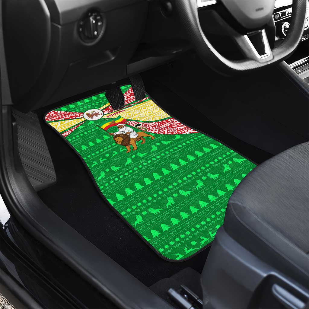 Ethiopia Christmas Car Mats with Santa Riding Lion Ethiopian Flag Colors and Tribal Pattern Design - Wonder Print Shop