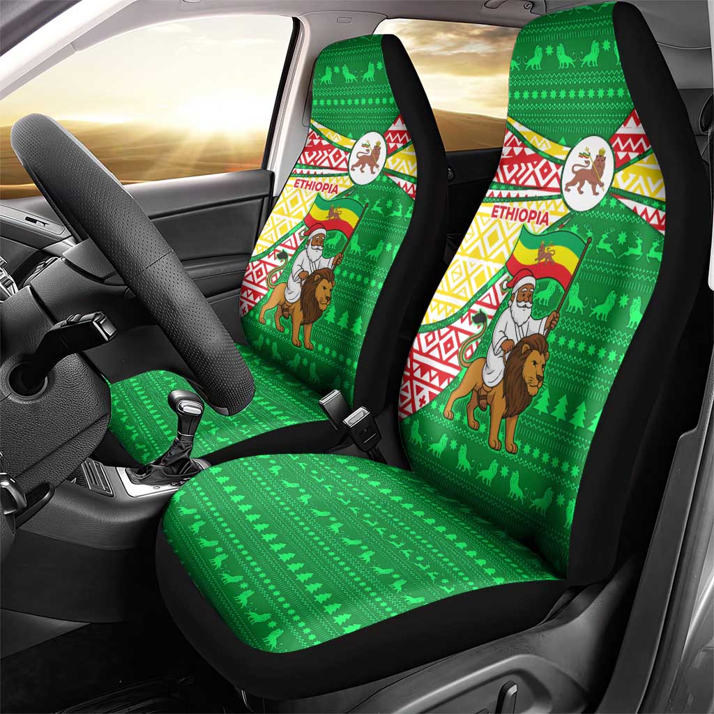 Ethiopia Christmas Car Seat Cover with Santa Riding Lion Ethiopian Flag Colors and Tribal Pattern Design - Wonder Print Shop