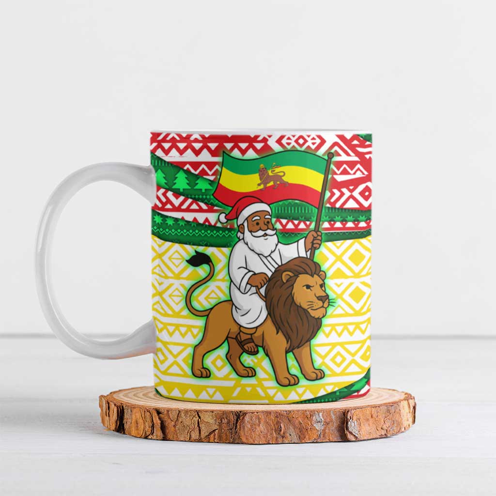 Ethiopia Christmas Ceramic Mug with Santa Riding Lion Ethiopian Flag Colors and Tribal Pattern Design - Wonder Print Shop