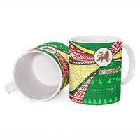 Ethiopia Christmas Ceramic Mug with Santa Riding Lion Ethiopian Flag Colors and Tribal Pattern Design - Wonder Print Shop