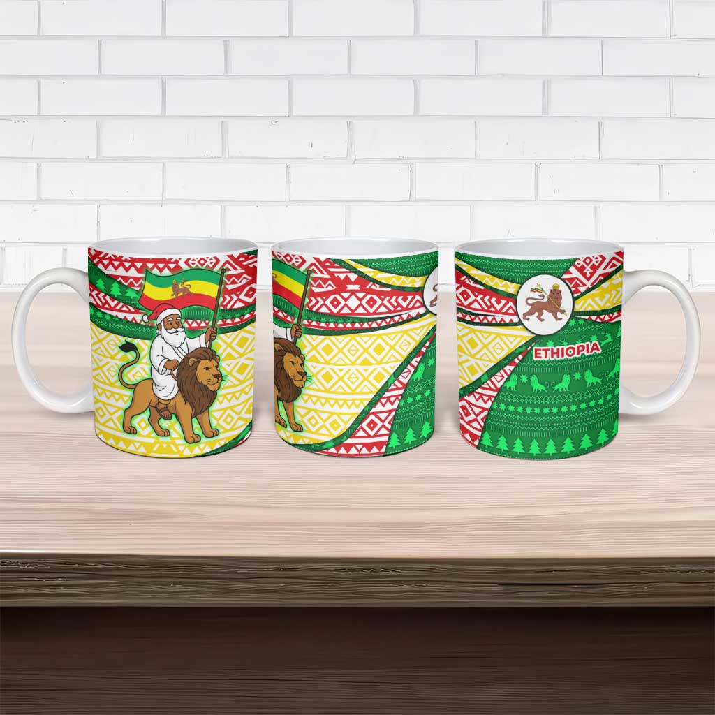 Ethiopia Christmas Ceramic Mug with Santa Riding Lion Ethiopian Flag Colors and Tribal Pattern Design - Wonder Print Shop