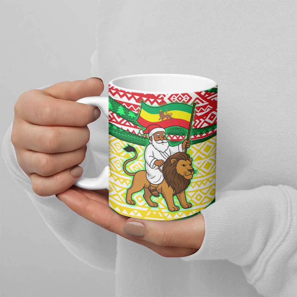 Ethiopia Christmas Ceramic Mug with Santa Riding Lion Ethiopian Flag Colors and Tribal Pattern Design - Wonder Print Shop